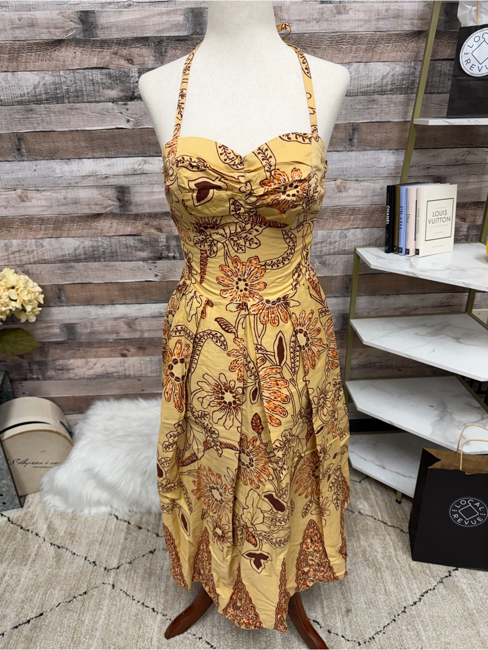Golden Floral Hawaiian Halter Midi Dress